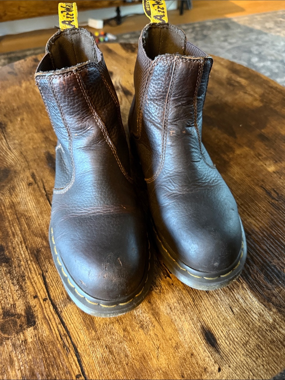 Dr. Martens Brown Leather Steel Toe Industrial Boots with Yellow Stitching